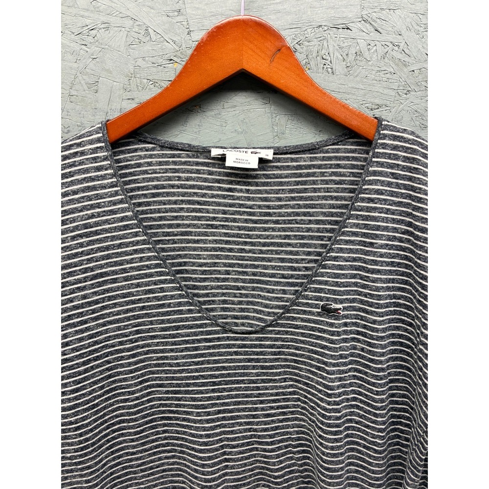 Lacoste Striped Linen Blend V Neck Shirt Women's M (38) Gray White Long Sleeve T - Picture 2 of 9
